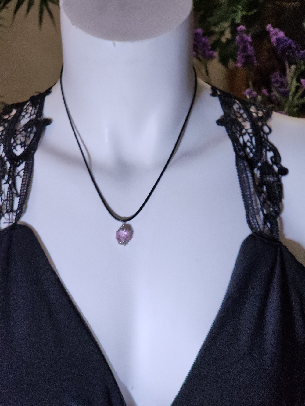 Elegant Black Nylon Cord Necklace With Pink Glass Crystal Beaded Pendant